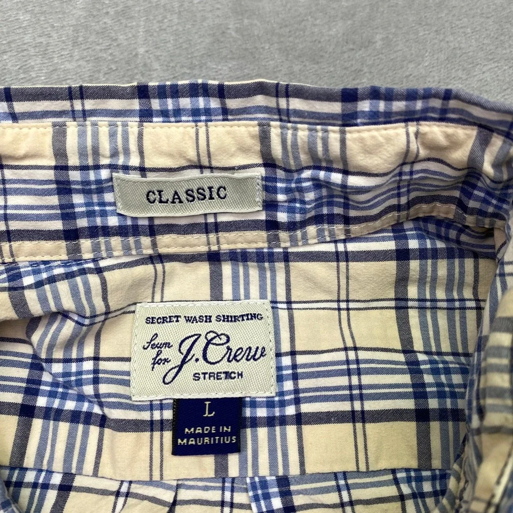 J Crew Classic Fit Button Down Shirt Mens Large Blue Plaid Secret‎ Wash Stretch
